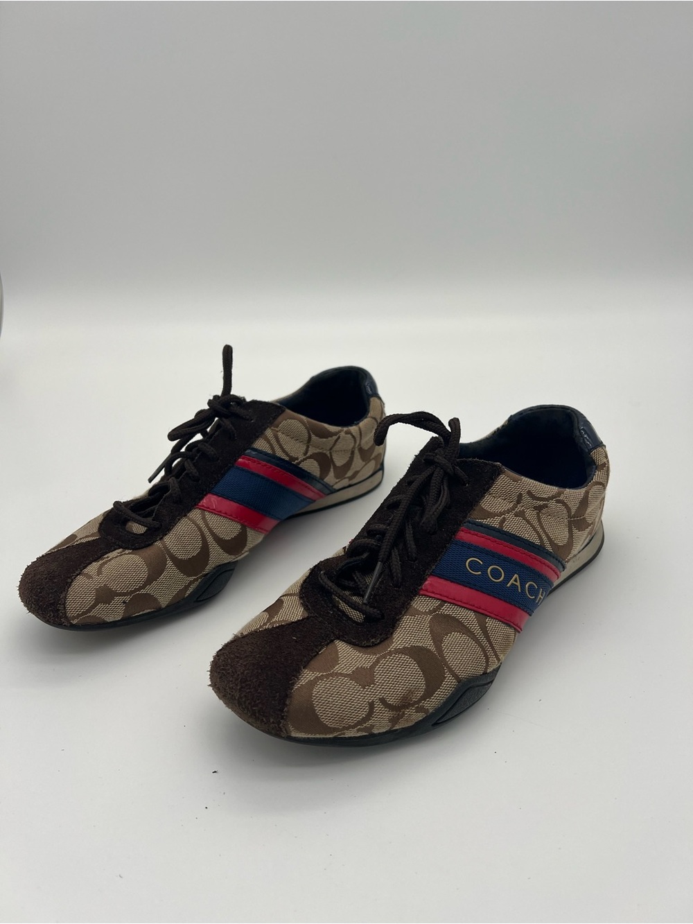 Coach Jayme Signature sneakers in Brown with Red & Blue Stripe size 7.5